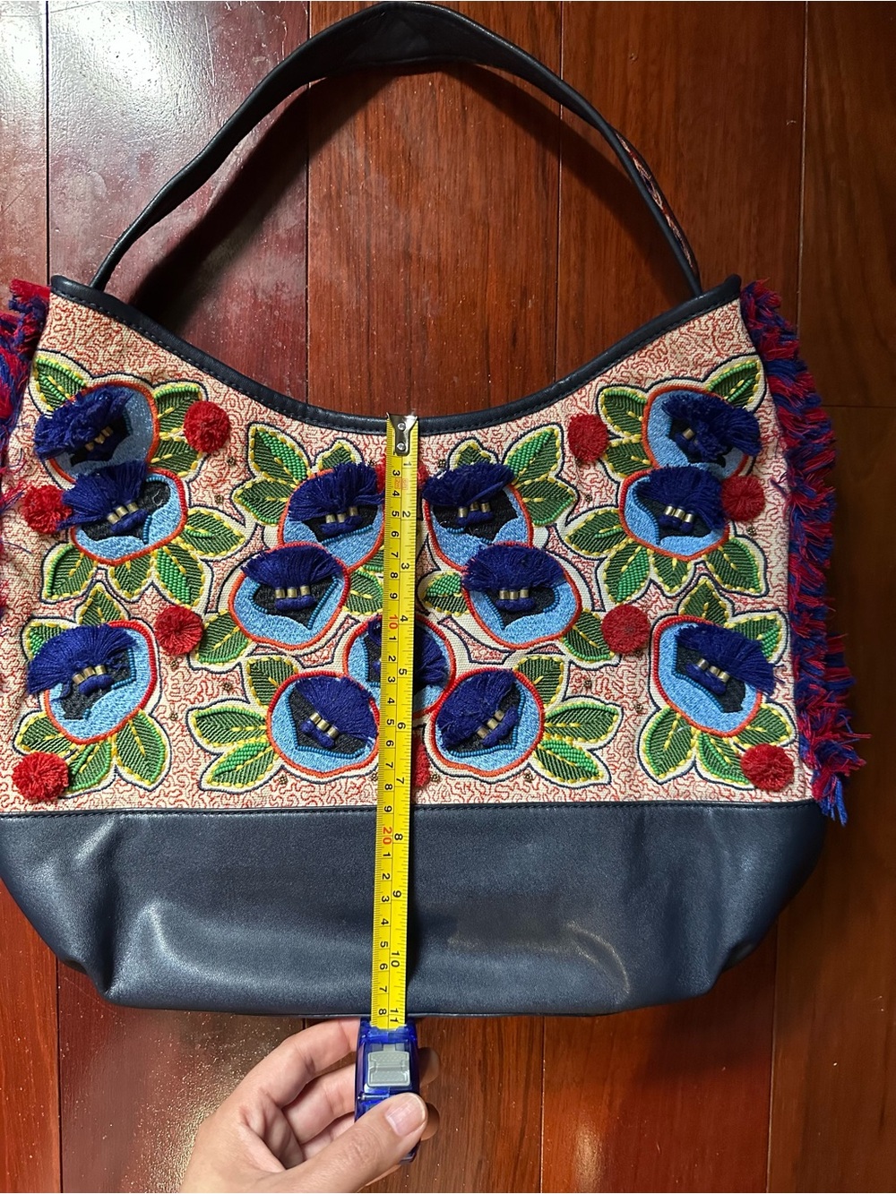 Navy Leather Floral Embroidered Tory Burch Purse, Tote, Shoulder Bag - Picture 5 of 5